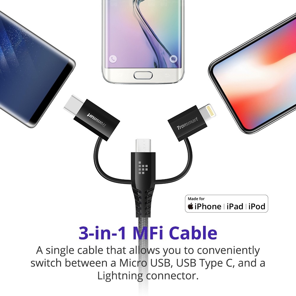 Tronsmart LAC10 Apple MFi 4ft/1.2m 3 in 1 Cable