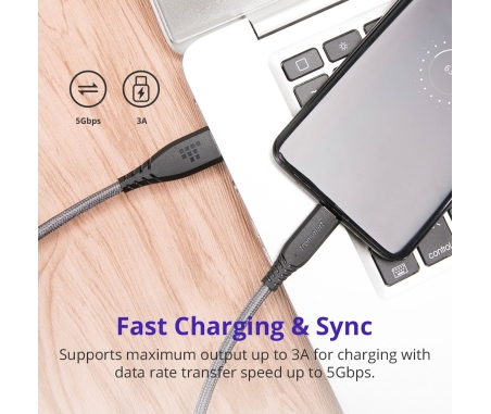Tronsmart TAC02 USB Type-C to USB-A 3.0 Braided Nylon Charging & Syncing Cable (6ft/1.8m)