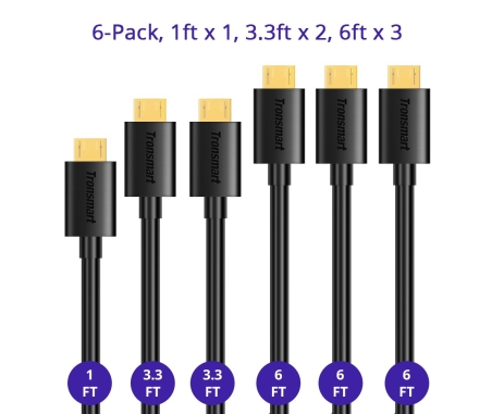 Tronsmart MUPP8 Premium USB Cables 6 Pack (1ft*1+3.3ft*2+6ft*3 ) with Gold Connector