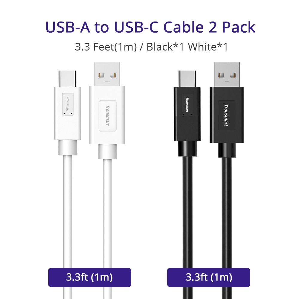 Tronsmart [2 Pack] CC02P USB3.0 Type-C Male to USB A Male Sync & Charging Cable (3.3 Feet, 1 x Black, 1x White)